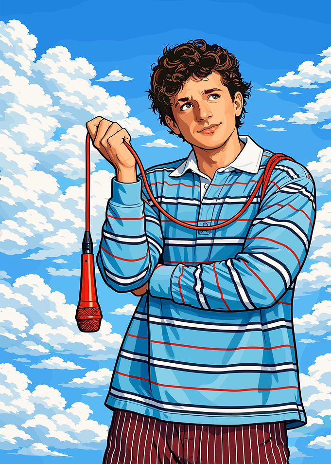 Charlie Puth with microphone in the clouds