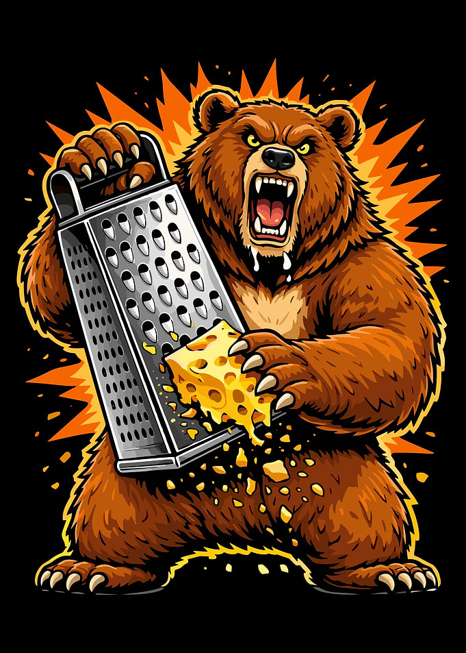 Fierce Cheese Grating Bear Poster, Funny Animal Illustration, Intense Kitchen Wall Art