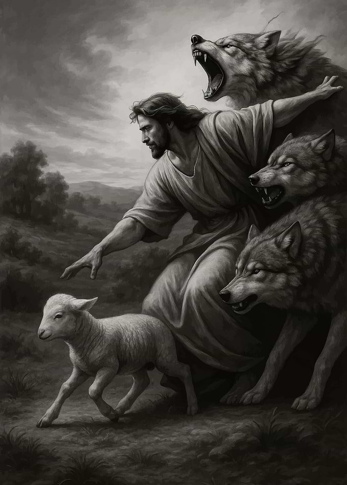 Jesus protecting a lamb