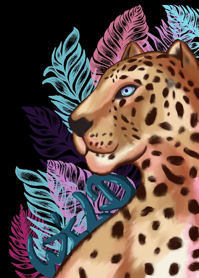 Leopard with Leaves and Text