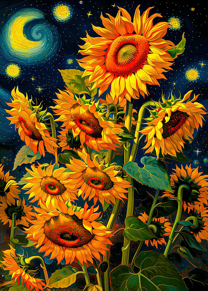 Sunflowers Under a Starry Night Sky