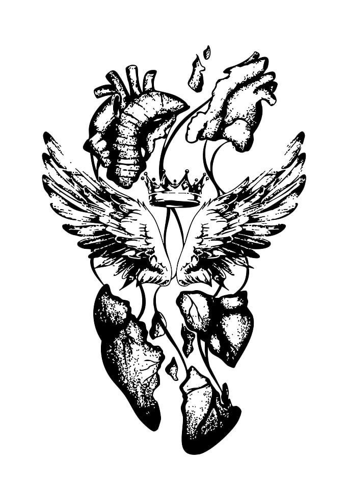 Anatomical Heart with Wings and Crown