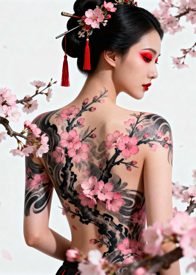 Geisha with Cherry Blossom Tattoo
