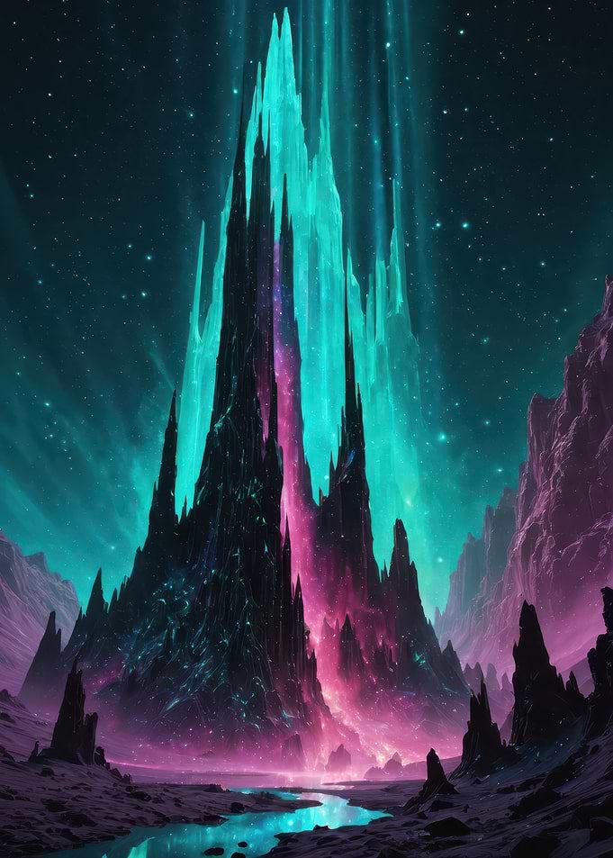 Luminescent Spire — Neon Crystal Mountain Under Starry Aurora