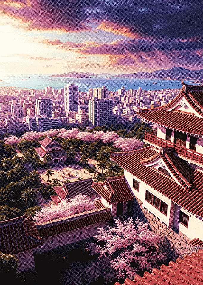 Japanese Castle Cityscape with Cherry Blossoms
