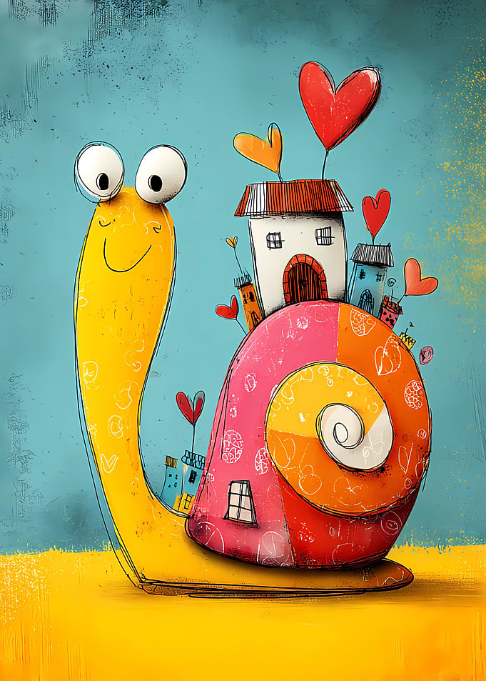 Cute Snail with Houses and Hearts