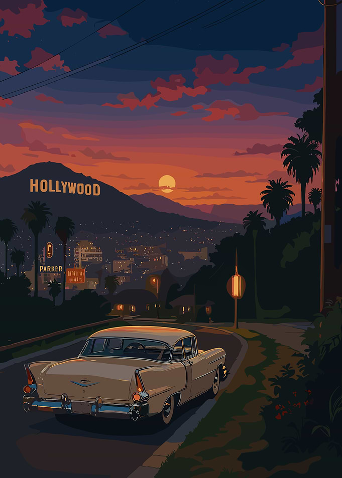 Hollywood Sign at Sunset with Classic Car