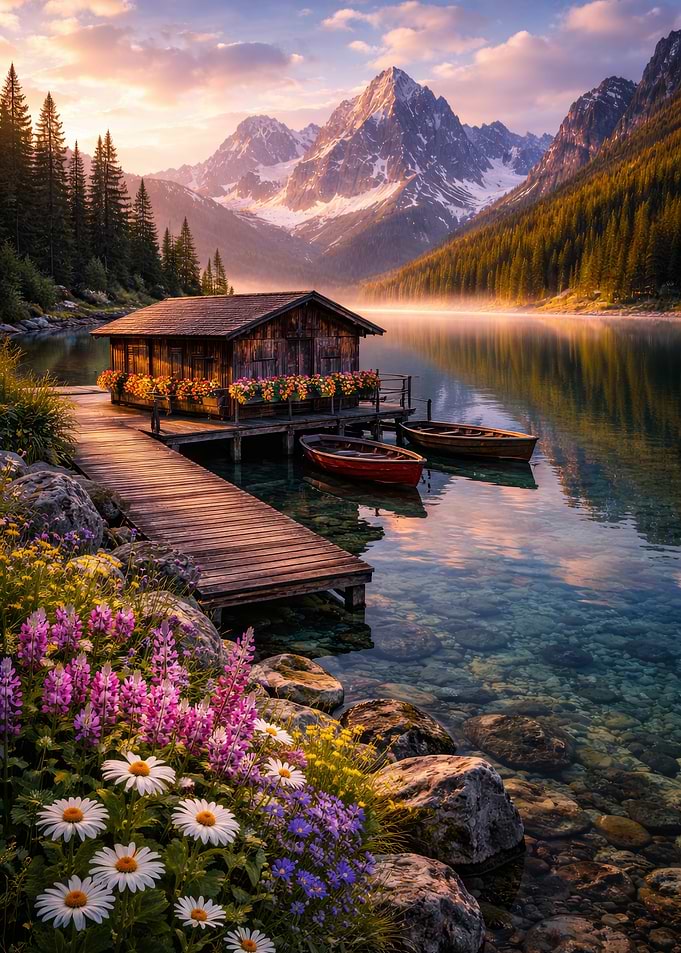 Serene Mountain Lake Cabin at Sunrise