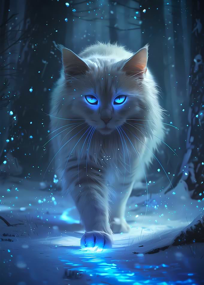 White Cat in Snowy Forest