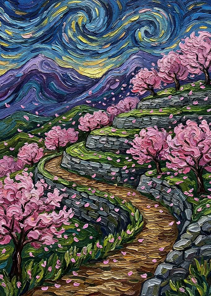 Starry Night Cherry Blossom Landscape