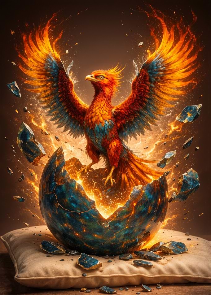 Phoenix hatching from a cracked egg