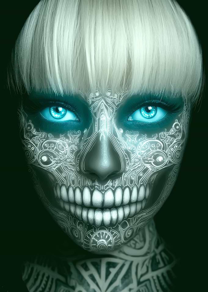 Cyberpunk Skull Face with Blue Eyes