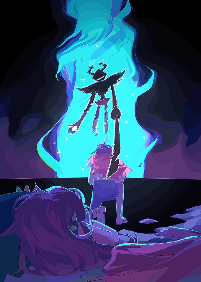 Dark Figure Confronts Glowing Entity