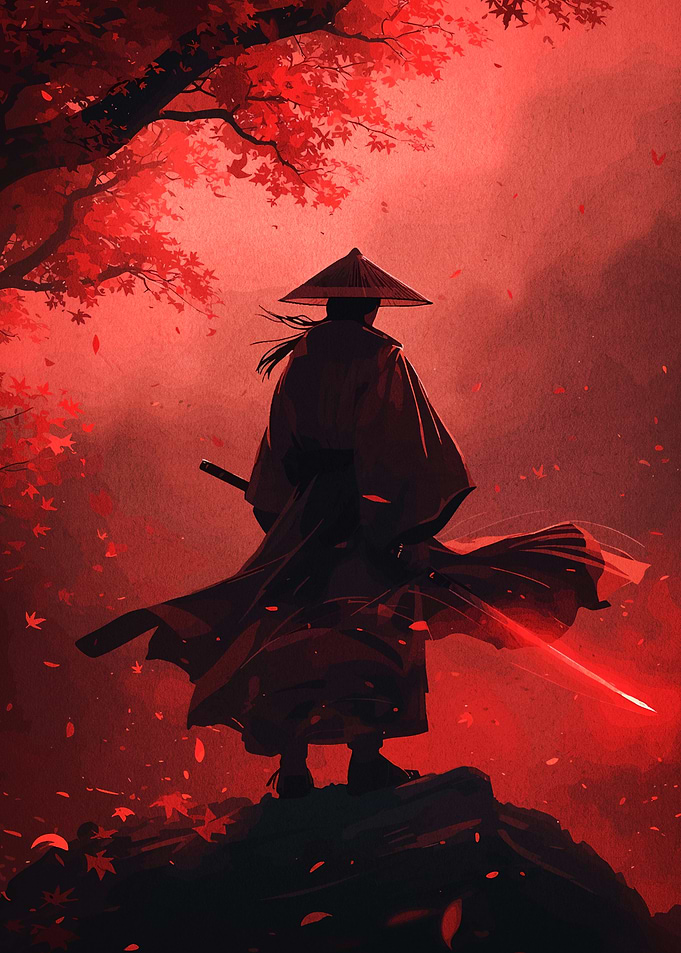 Samurai with glowing sword in red forest