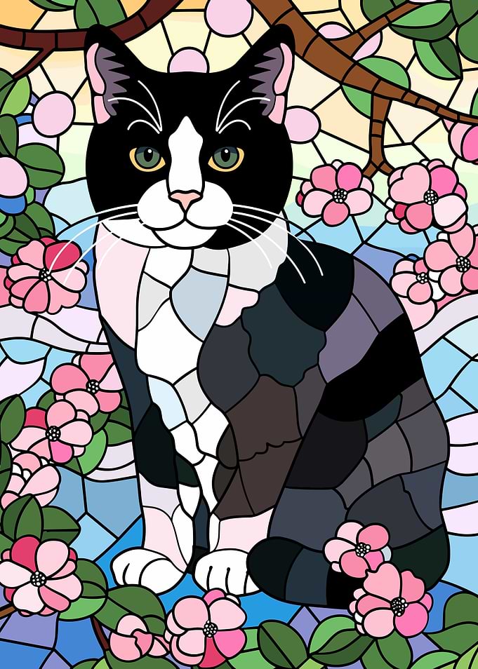 Stained Glass Cat with Flowers