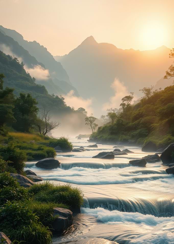 Misty Mountain River Sunrise