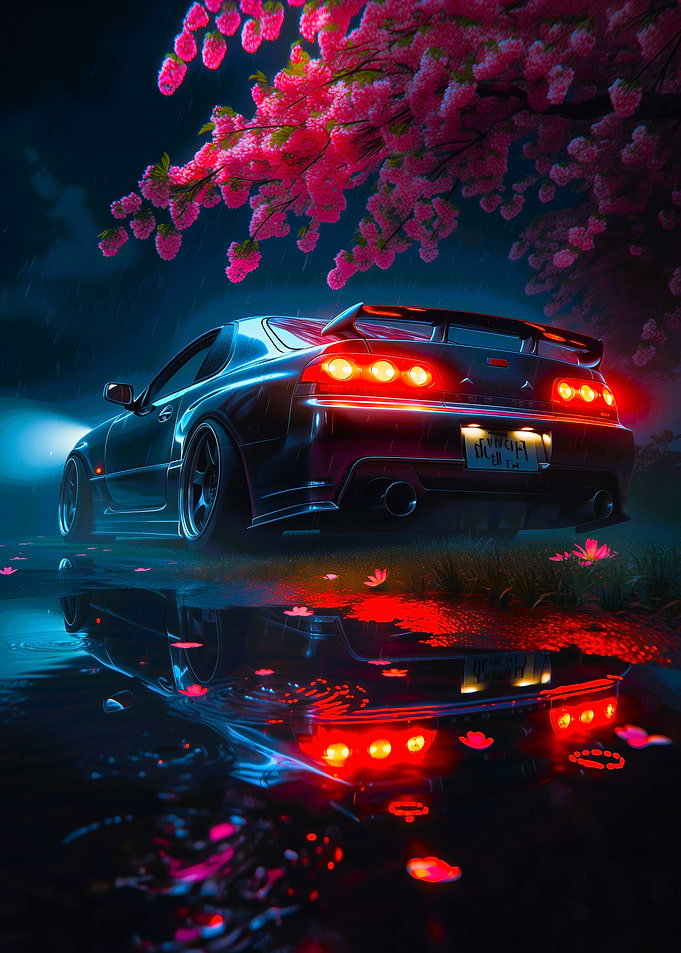Sports car under cherry blossoms
