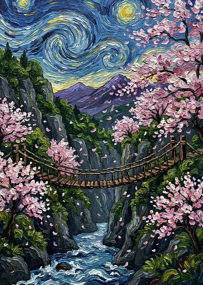 Starry Night Cherry Blossom Bridge