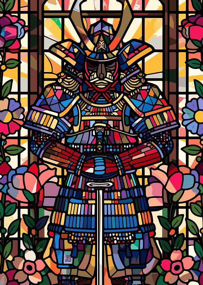 Samurai in Stained Glass with Flowers