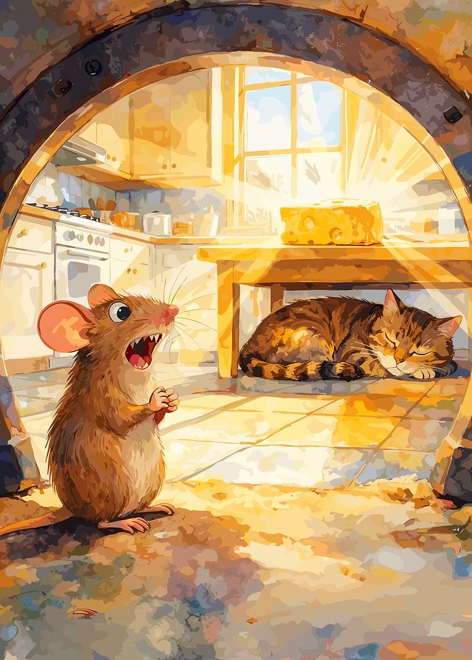 Mouse Scared of Sleeping Cat in Kitchen
