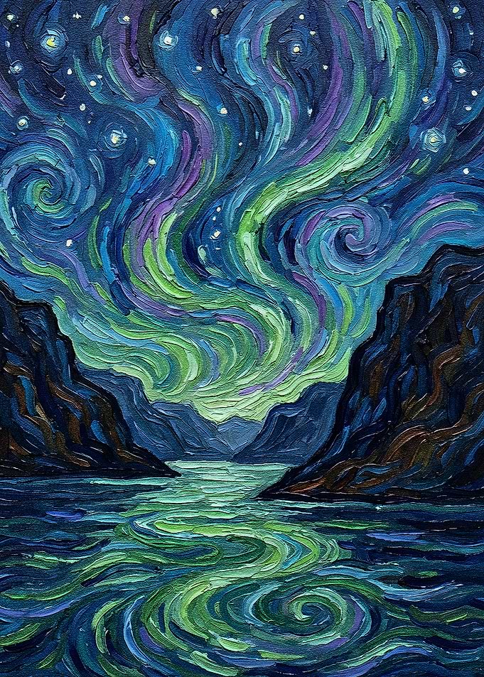 Aurora Borealis Over Mountains and Water