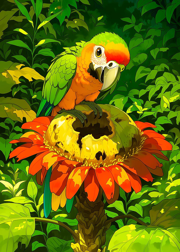 Parrot on a Giant Flower