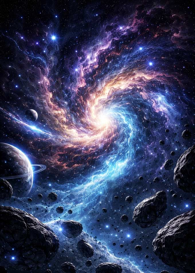 Cosmic Swirl Nebula with Planets and Asteroids