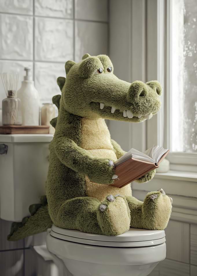 Plush Alligator Reading on Toilet