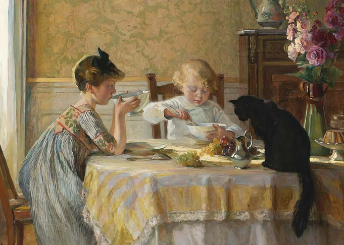 Children and Cat at Breakfast Table