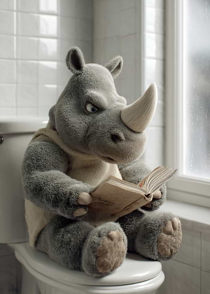 Rhino reading a book on a toilet