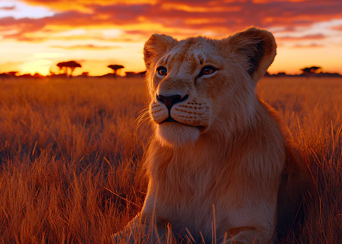 Lion cub at sunset in savanna