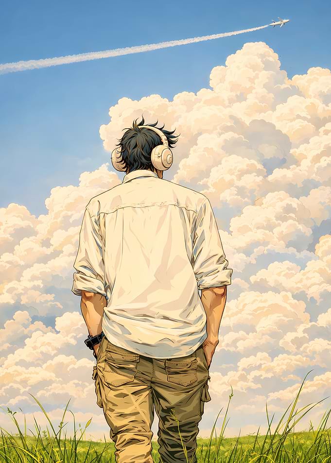 Man with headphones looking at plane