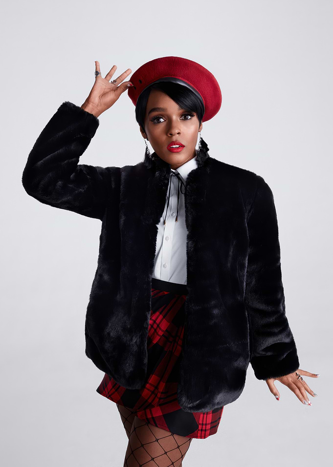 Janelle Monáe in Red Beret and Plaid Skirt