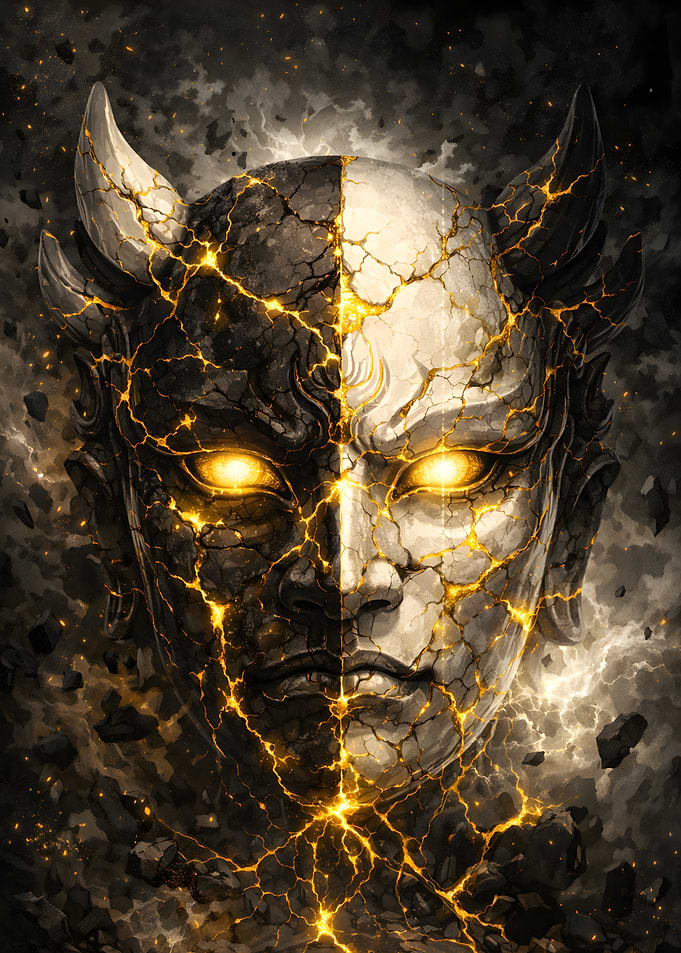 Kintsugi Style Cracked Oni Mask Glowing Eyes
