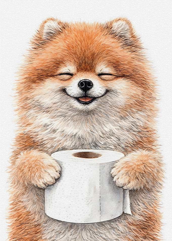 Happy Pomeranian with Toilet Paper