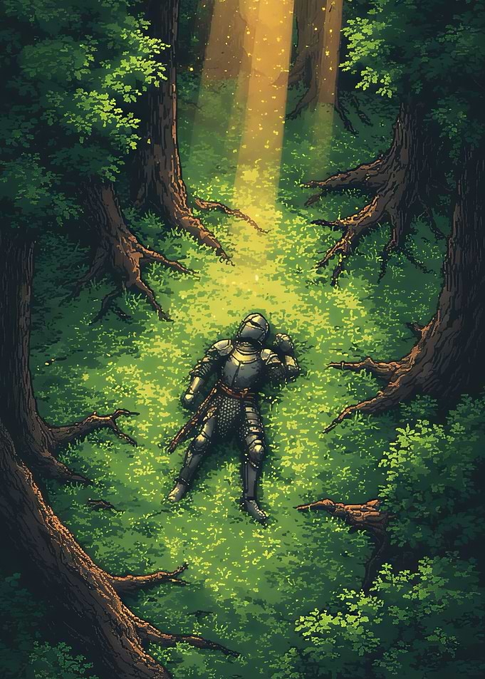 Knight resting in a sunlit forest