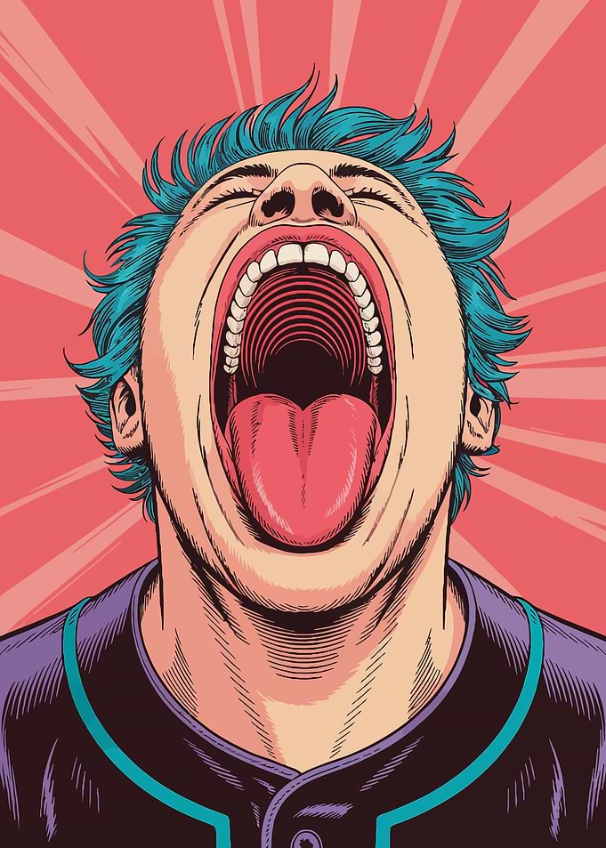 Man screaming with blue hair