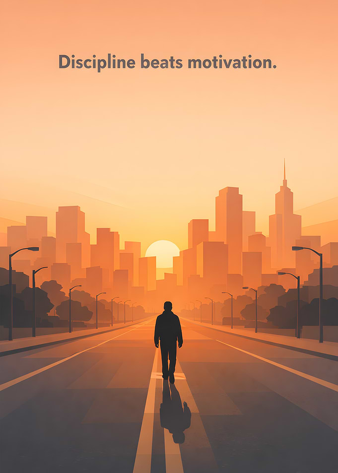 Man walking towards city at sunrise