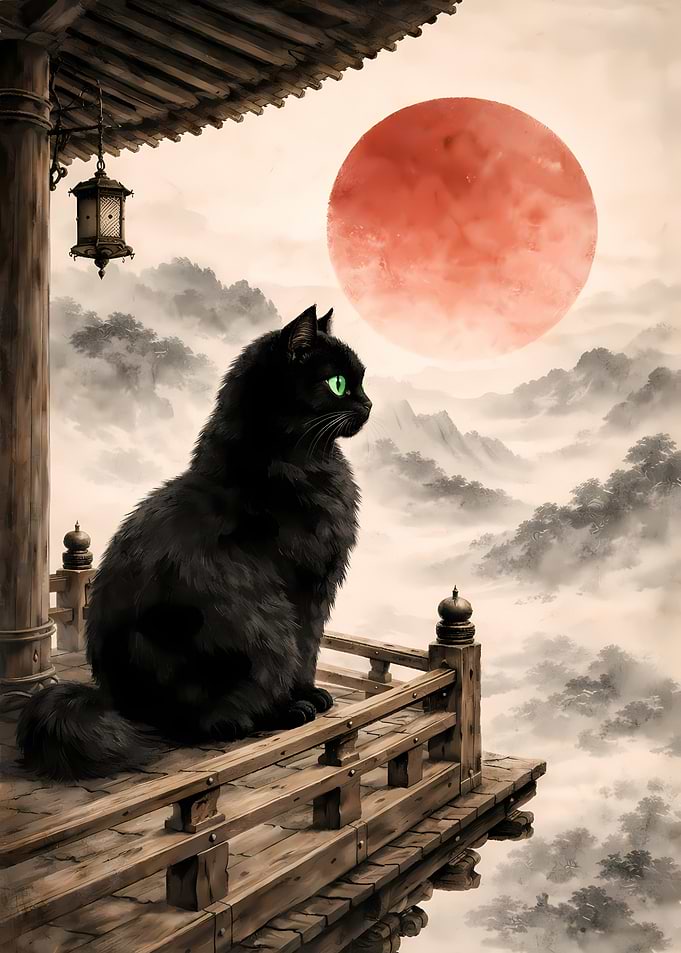 Black Cat at Japanese Temple Overlooking Misty Mountains