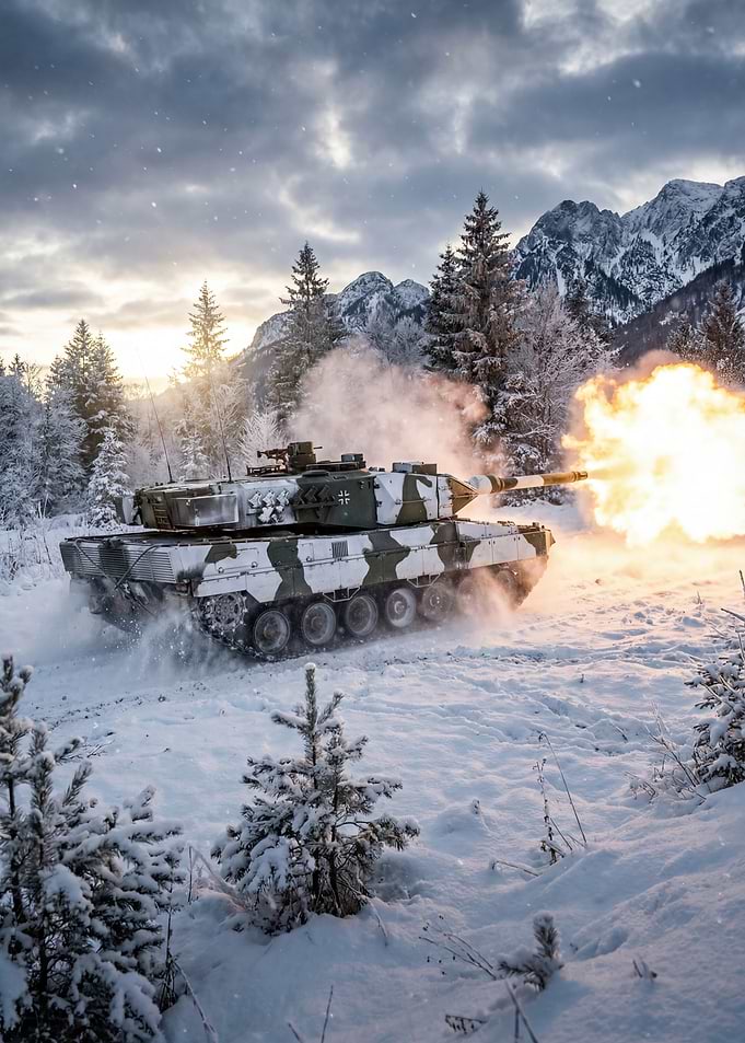 Leopard 2 Tank Fires in Snowy Mountains