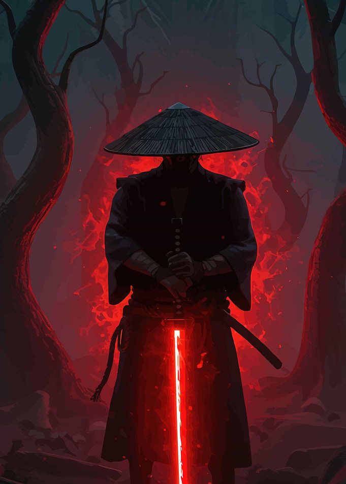 Samurai with glowing sword in forest