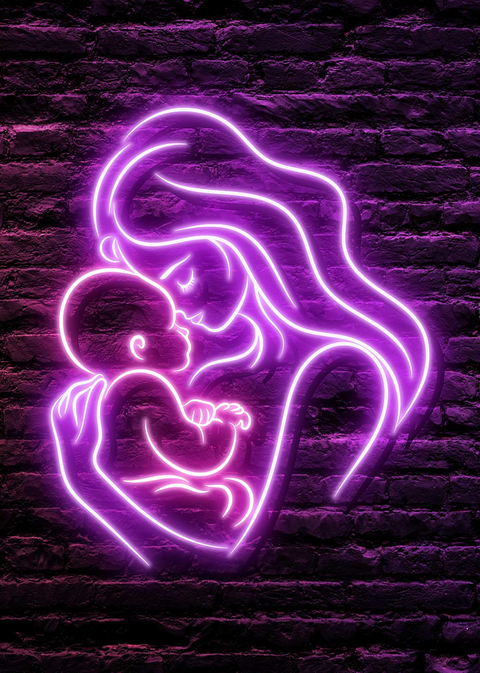 Neon Purple Loving Mom Gender Reveal Motherly Love with a Pink Female Baby Boy on dark brick wall background