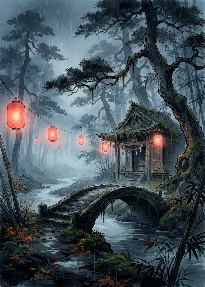 Misty Japanese Shrine in Rain