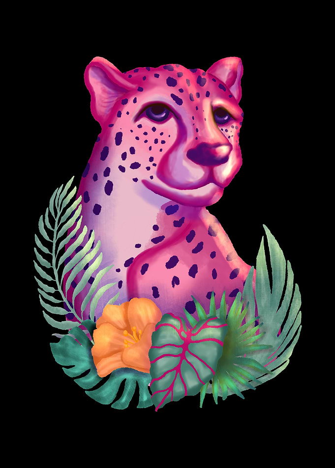 Pink Cheetah with Tropical Flowers