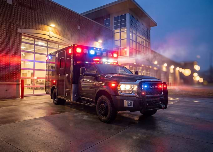 Ambulance parked outside fire station at night