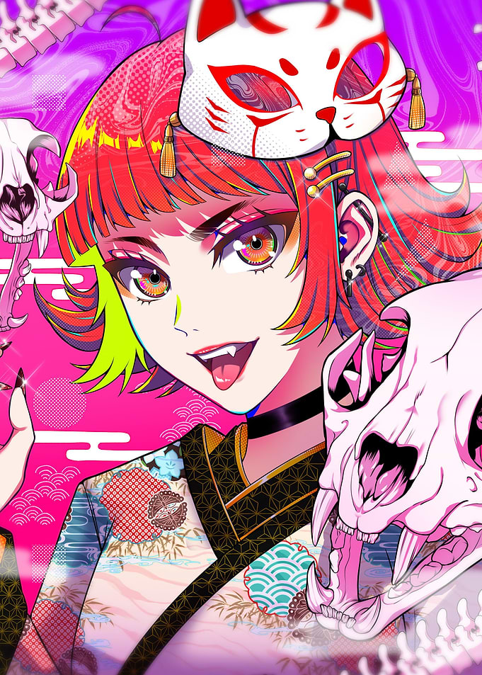 Anime Girl with Fox Mask and Skulls