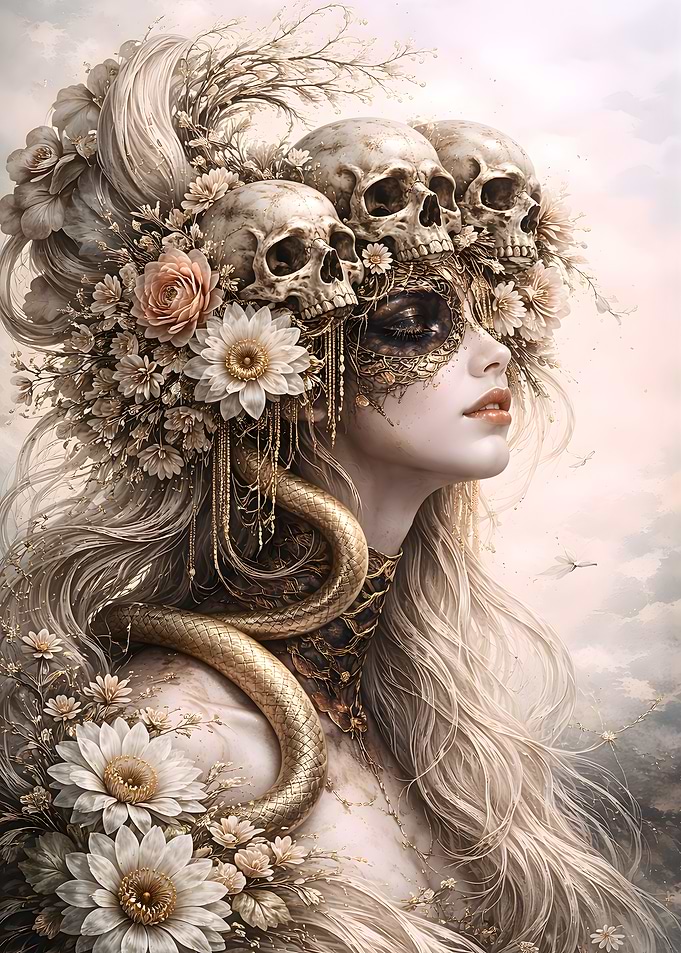 Gothic Woman with Skulls and Snake