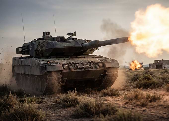 Tank firing in a desert landscape