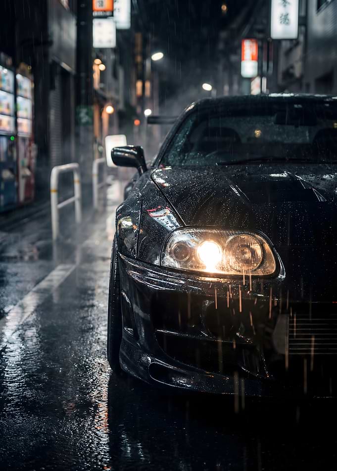 Car Supra Mk4 in Rainy Street Japanese