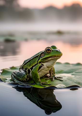 Frog on a lily pad at sunrise